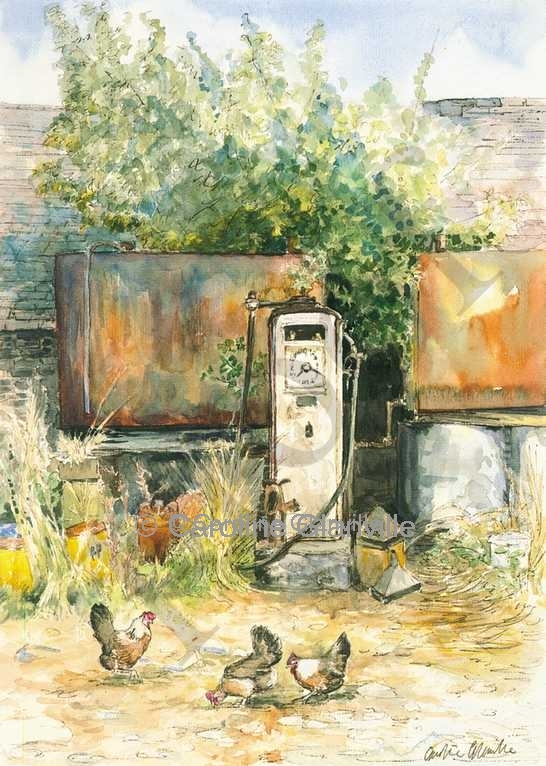 Farmyard fuel pump, painting by Caroline Glanville